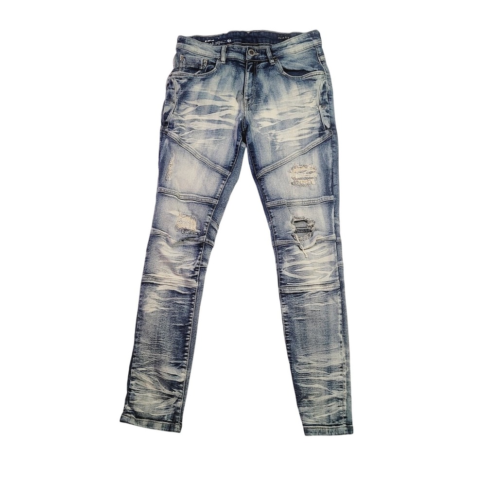 Copper Rivet Mens Slim Fit Moto Biker Jeans 32x30 Blue Distressed Ripped J12